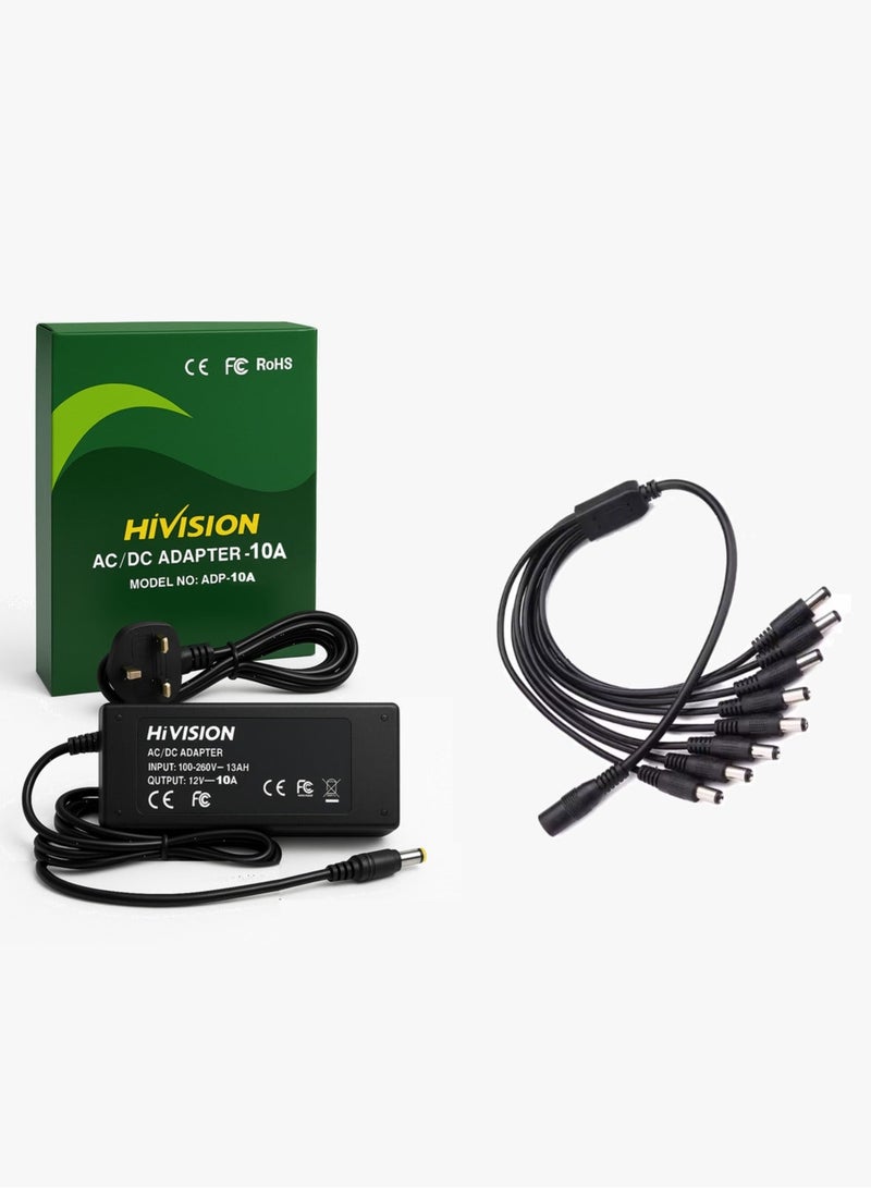 Hivision 12V 10A Power Supply Adapter with 8-Way DC Splitter Cable – AC 100-240V Input – UK Plug – for CCTV Security Cameras & DVRs - Image 5