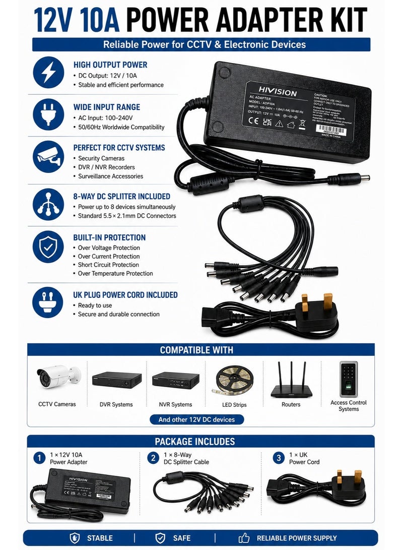 Hivision 12V 10A Power Supply Adapter with 8-Way DC Splitter Cable – AC 100-240V Input – UK Plug – for CCTV Security Cameras & DVRs - Image 2