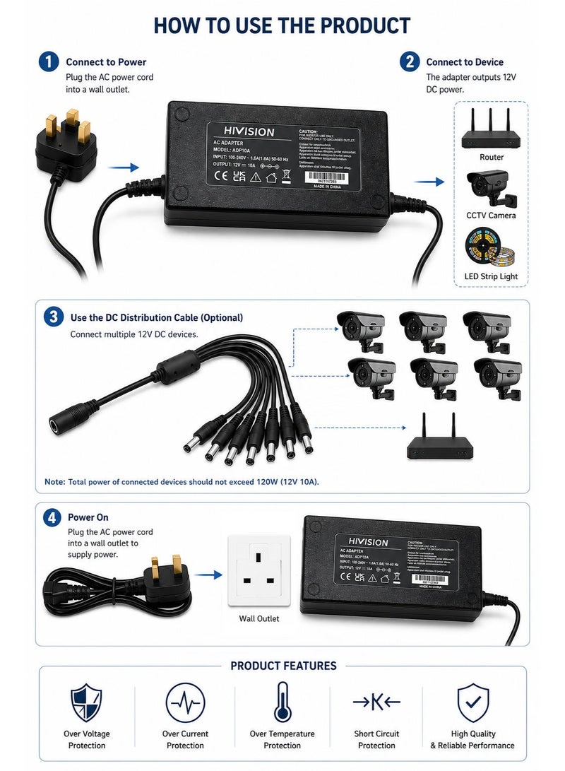 Hivision 12V 10A Power Supply Adapter with 8-Way DC Splitter Cable – AC 100-240V Input – UK Plug – for CCTV Security Cameras & DVRs - Image 3