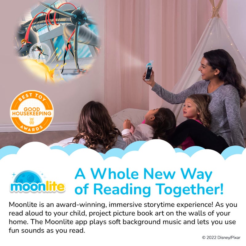 Moonlite مشروع القصة المصغرة من مونلايت مع 4 قصص بيكسار، طريقة سحرية للقراءة معًا، كتب رقمية، مؤثرات صوتية ممتعة - قصة لعبة، سيارات، الخارقون، وحوش الشركة - هدايا للأطفال من عمر 1 سنة وما فوق - Image 3