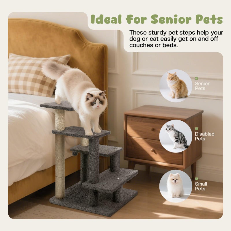 GreenPetopia 4-Step Pet Steps for Cats/Dogs, Cat Stairs with Sisal Scratching Post, Cat Steps for Older Cats with Enlarge Perch, Pet Stairs for High Bed and Couch, Gray - Image 2