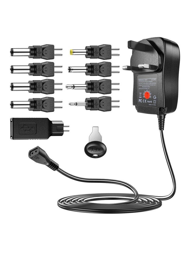 Excefore 30W Reverse Polarity Universal AC Adapter Multi Voltage DC Power Supply, with 9pcs Adaptor Tips, Compatible with 3V to 12V Household Electronics, 2Amp Output - Image 1