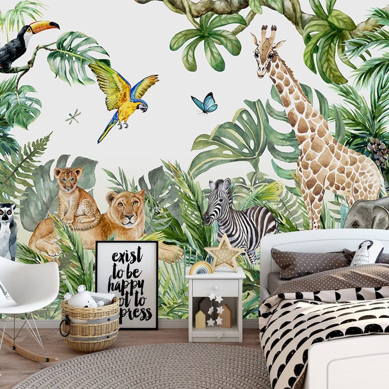 MFWFM Safari Wallpaper for Children with Animals Jungle Wall Mural Watercolor Animals Nursery Wallpaper Kids Room DecorNot Peel n Stick