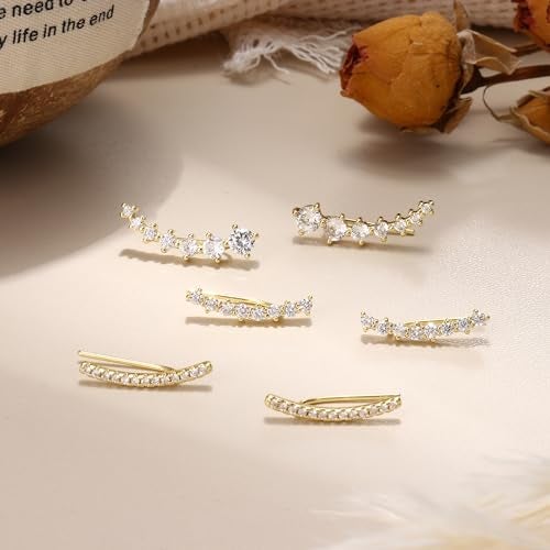 FINREZIO 6Pairs Ear Cuffs Climber Hoop Earring CZ Arrow Crawler Stud Earring Jacket for Women Gold - Image 4
