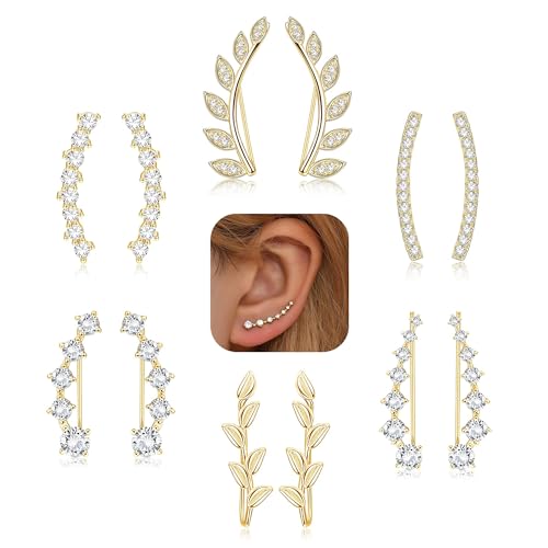 FINREZIO 6Pairs Ear Cuffs Climber Hoop Earring CZ Arrow Crawler Stud Earring Jacket for Women Gold - Image 1
