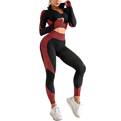 Veriliss Women's 3pcs Seamless Workout Outfit Sets, Gym Running Clothes Yoga Sportswear (BlackRed, L) - Image 5
