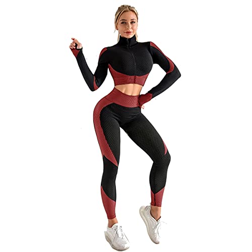 Veriliss Women's 3pcs Seamless Workout Outfit Sets, Gym Running Clothes Yoga Sportswear (BlackRed, L) - Image 2
