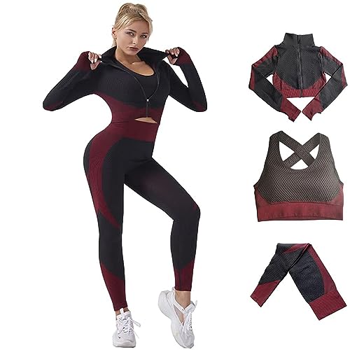 Veriliss Women's 3pcs Seamless Workout Outfit Sets, Gym Running Clothes Yoga Sportswear (BlackRed, L) - Image 1