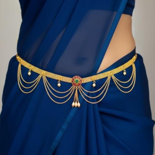 ACCESSHER Women's & Girls Multicolor Adjustable Waist Kamarbandh with Red & Green Stones | Stylish Belly Belt for Saree, Dresses & Jeans | Traditional Ethnic Jewellery - Image 2