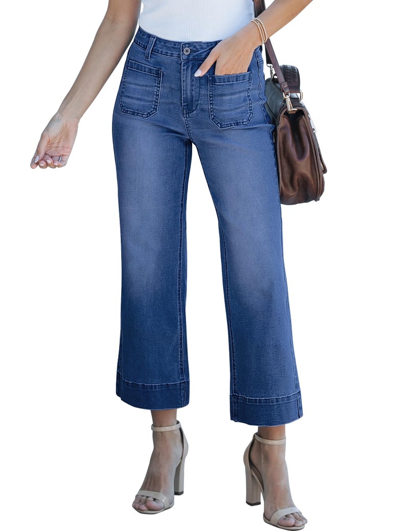 luvamia Wide Leg Jeans for Women Trendy High Waisted Flare Jeans Cropped Denim Pants Stretchy Baggy with Patch Pockets Womens Stretchy Jeans for Women Darkness Blue Size Xx-Large Size 20 Size 22 - Image 1