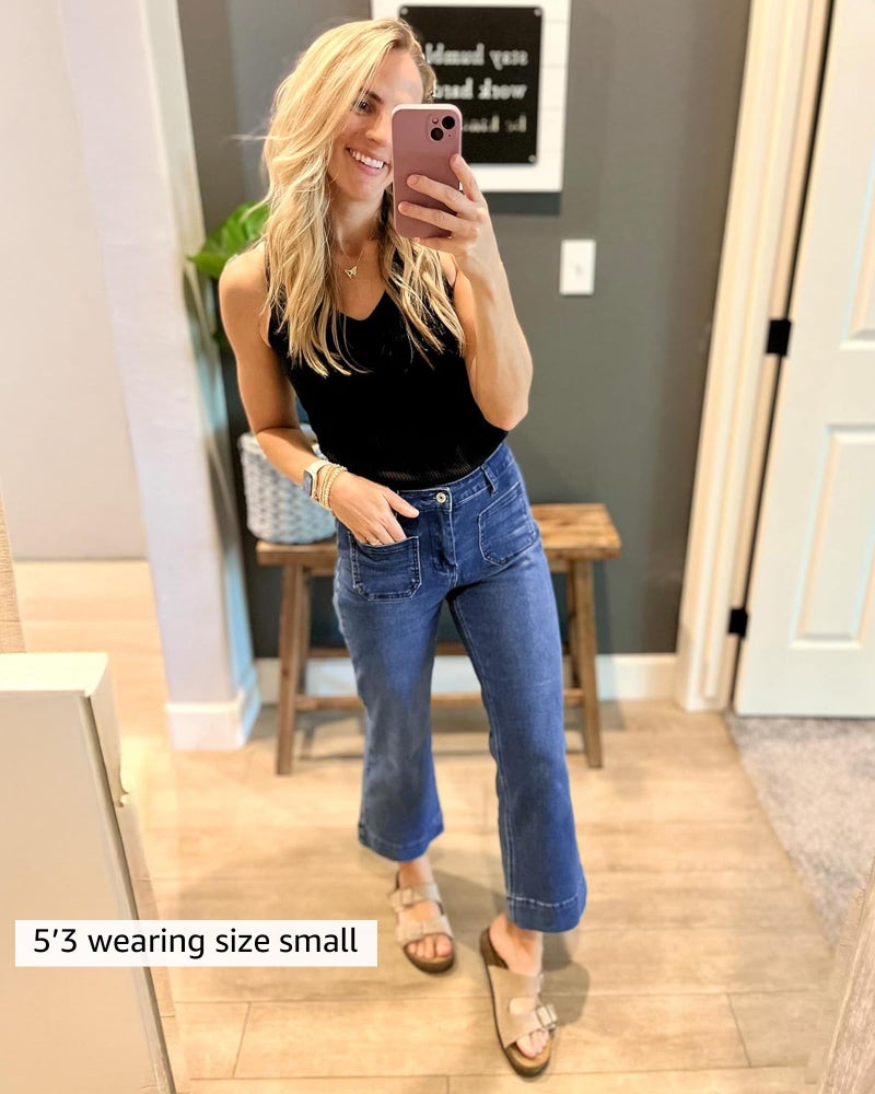 luvamia Wide Leg Jeans for Women Trendy High Waisted Flare Jeans Cropped Denim Pants Stretchy Baggy with Patch Pockets Womens Stretchy Jeans for Women Darkness Blue Size Xx-Large Size 20 Size 22 - Image 4