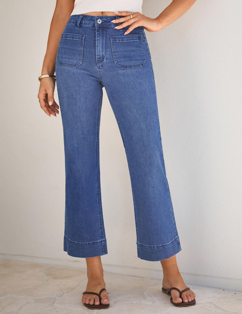 luvamia Wide Leg Jeans for Women Trendy High Waisted Flare Jeans Cropped Denim Pants Stretchy Baggy with Patch Pockets Womens Stretchy Jeans for Women Darkness Blue Size Xx-Large Size 20 Size 22 - Image 2