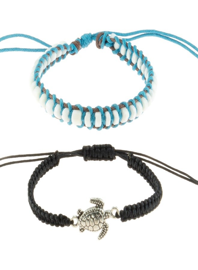 BlueRica 2 Piece Adjustable Bracelet Set ~ Macrame Sea Turtle Bracelet & Puka Shell Beads Bracelet - Image 1