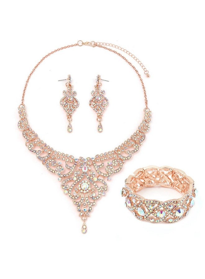 HapiBuy Ab Crystal Wedding Jewelry Set Necklace Earring Bracelets For Women And Brides - Image 1