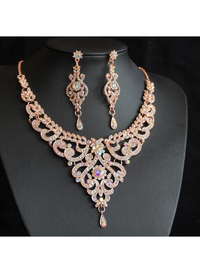 HapiBuy Ab Crystal Wedding Jewelry Set Necklace Earring Bracelets For Women And Brides - Image 3