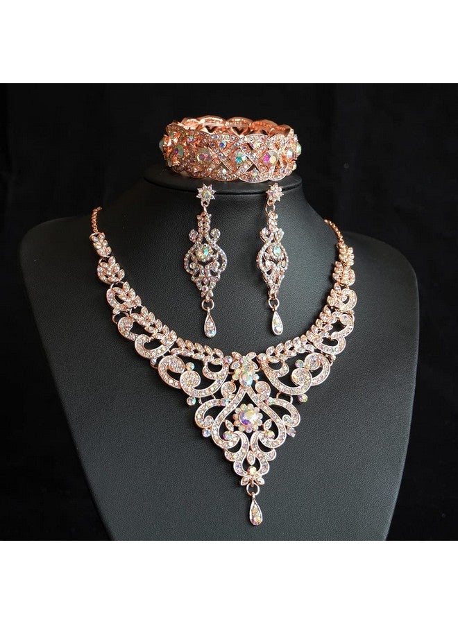 HapiBuy Ab Crystal Wedding Jewelry Set Necklace Earring Bracelets For Women And Brides - Image 2