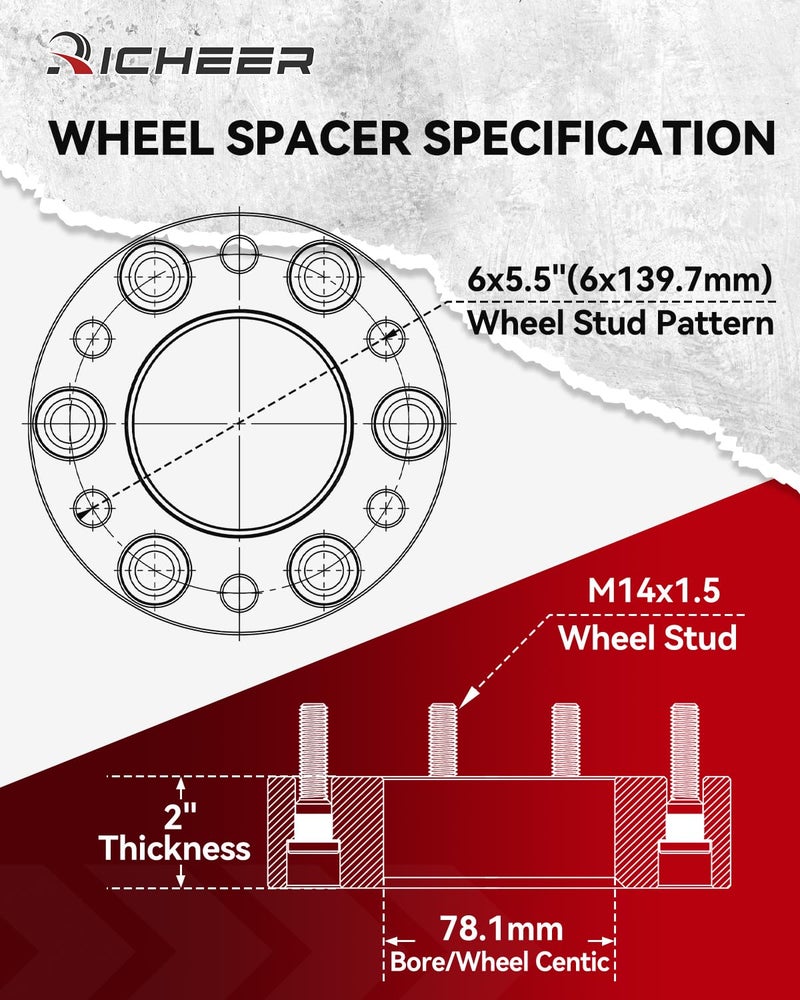 Richeer 2 Inch 6x5.5 Hubcentric Wheel Spacer for Silverado Sierra 1500, 6 Lug 6x139.7mm Wheel Spacers with 14x1.5 Studs & 78.1mm Bore for Tahoe Suburban Avalanche Express Yukon - Image 3