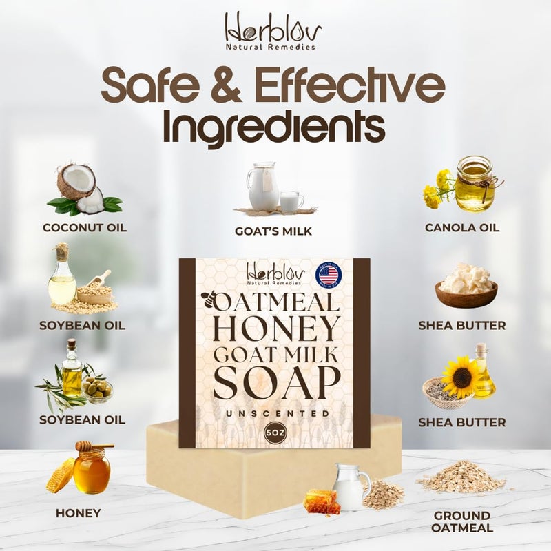 Herblov صابون الشوفان الطبيعي صابون الشوفان بالعسل وحليب الماعز لغسل الوجه والجسم لتهيج الجلد الأكزيما الصدفية البشرة الجافة والحساسة غير المعطرة رائع للأطفال والرضع مصنوع يدويًا في الولايات المتحدة - Image 5