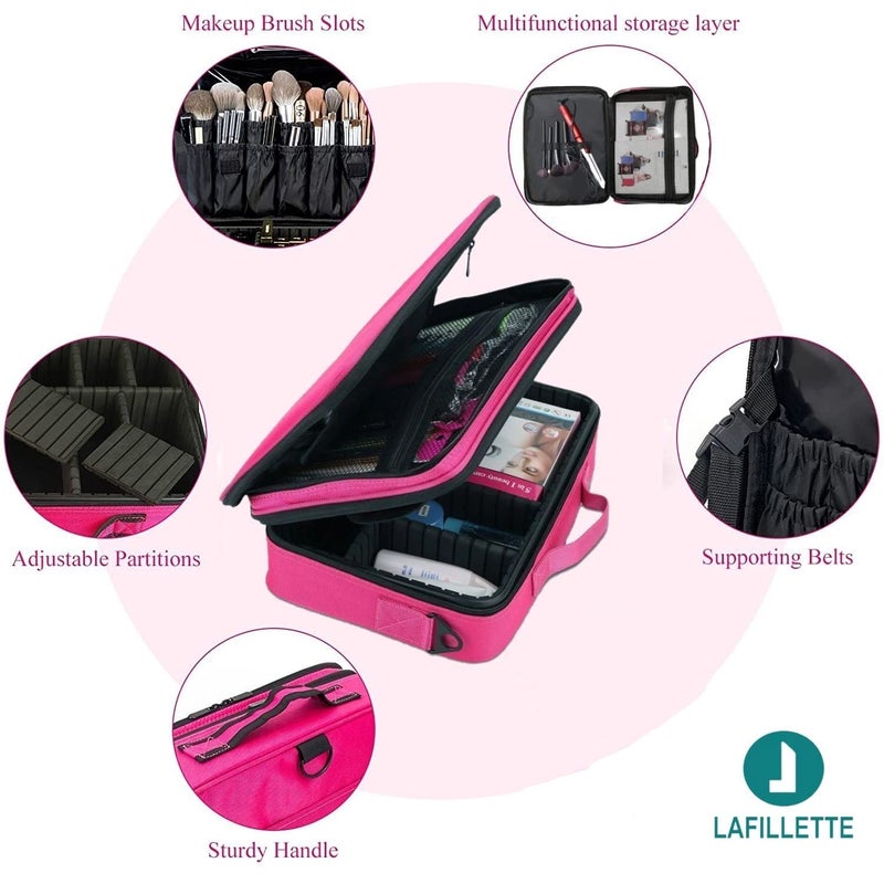 LAFILLETTE Travel Cosmetic Bags Professional Makeup Case Box Organizer with Adjustable Dividers Compartments for Makeup Brushes Toiletry Jewelry Digital Accessories 16 INCH 2 Layer Pink - Image 3