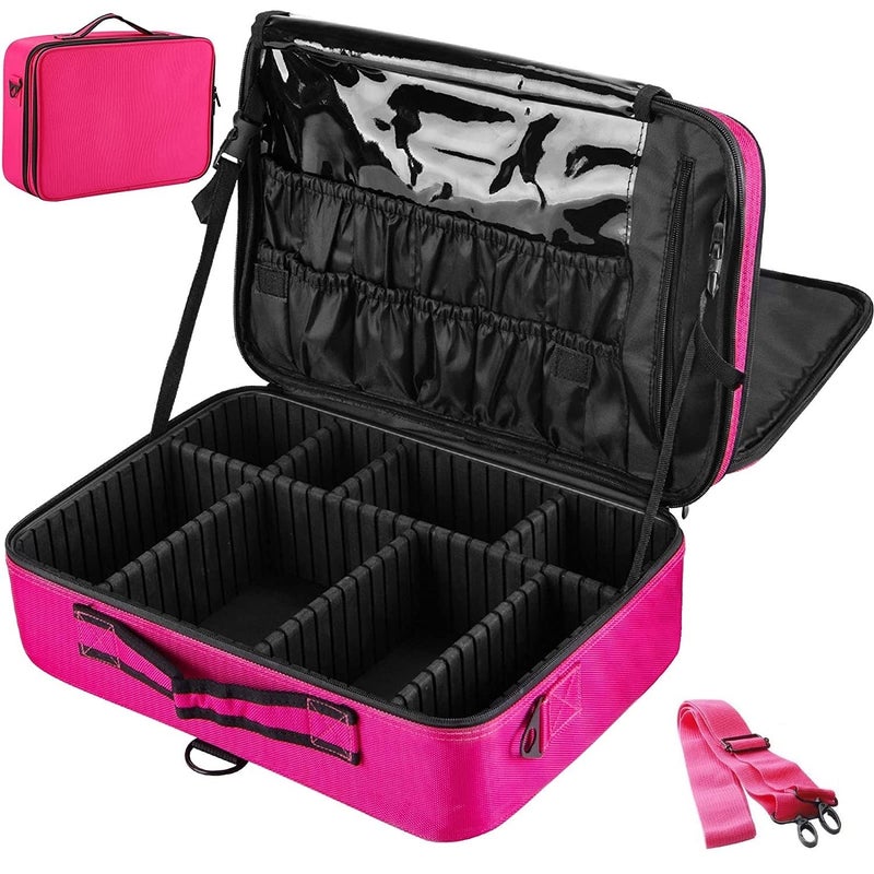 LAFILLETTE Travel Cosmetic Bags Professional Makeup Case Box Organizer with Adjustable Dividers Compartments for Makeup Brushes Toiletry Jewelry Digital Accessories 16 INCH 2 Layer Pink - Image 1