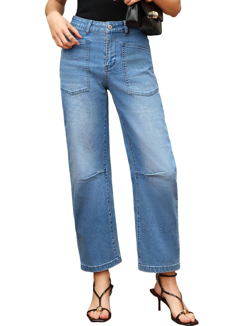 EVALESS High Waisted Barrel Jeans for Women Trendy 2025 Casual Wide Leg Boyfriend Denim Baggy Denim Pants Ashleigh Blue Size 4 - Image 4