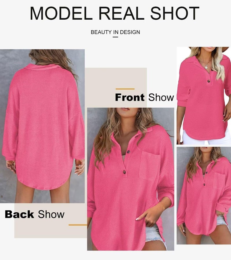 Astylish Womens Waffle Knit Tunic Tops Loose Boyfriend Shirt Long Sleeve Stylish Button Up V Neck Henley Shirts Rose Red Small - Image 5