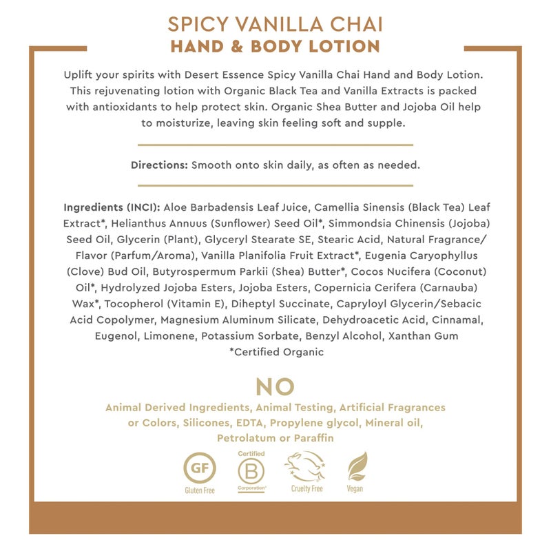 Desert Essence Spicy Vanilla Chai Hand & Body Lotion, Uplifting, Smoothes & Softens Skin, No Greasy Residue, Aloe Vera, Shea Butter, Vitamin E, 8 Fl Oz - Image 5