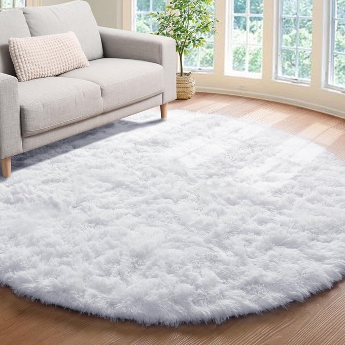 WHITE ROUND AREA RUG 4FT SOFT BEDROOM CIRCLE RUGS FLOOR MAT FOR KIDS GIRLS BOYS TEEN ROOM FUZZY PLUSH SHAGGY CARPET FOR BABY NURSERY LIVING ROOM PLAYROOM HOME DECOR