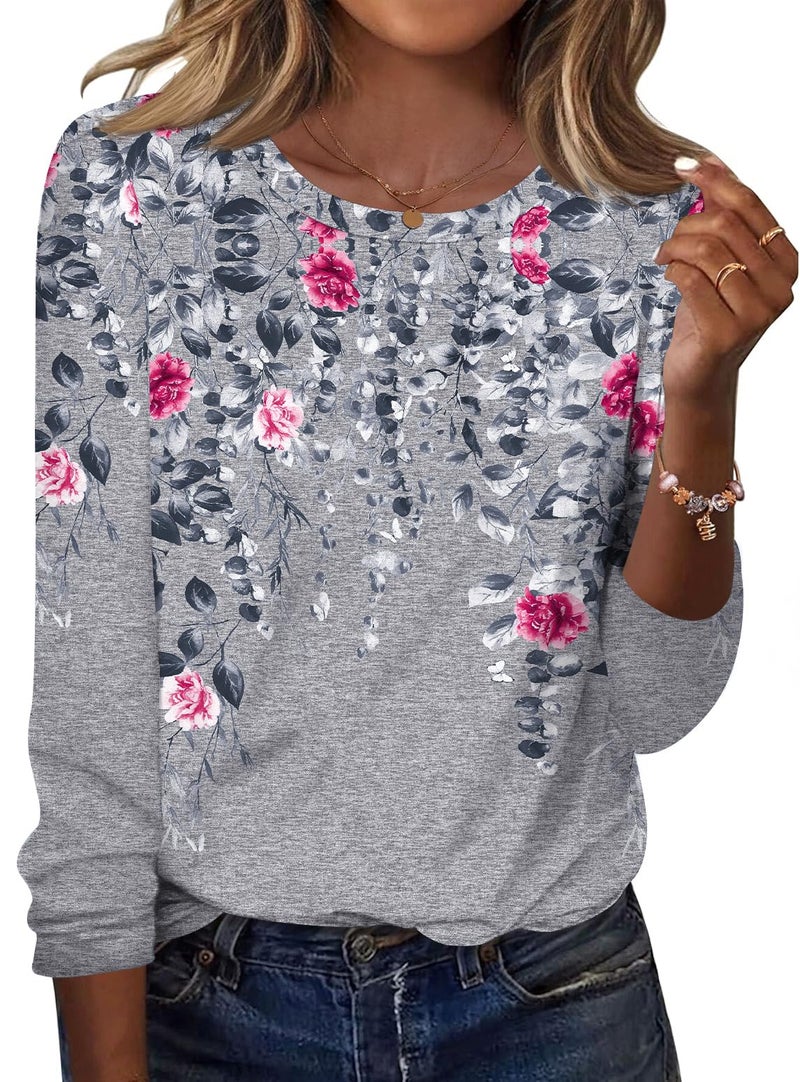 TCOT Womens T Shirts Spring Long Sleeve Crew Neck Tunic Tops to Wear with Leggings Blouse Gray Cute Clothes L - Image 1