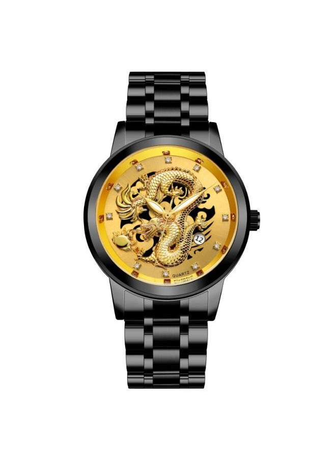NIBEMINENT Hot Fashion Calendar Men's Watch Steel Belt Non-mechanical Business Waterproof Square Diamond Chinese Dragon 