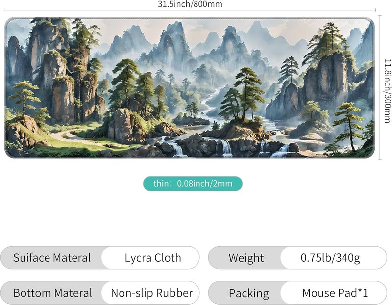 Dynippy Thin Extended Gaming Mouse Pad （31.5 * 11.8 * 0.08 inch） with Stitched Edges Large Mousepad Long XXL Keyboard and Mouse pad Desk Mat for Gaming Office & Home - Landscape Painting - Image 2