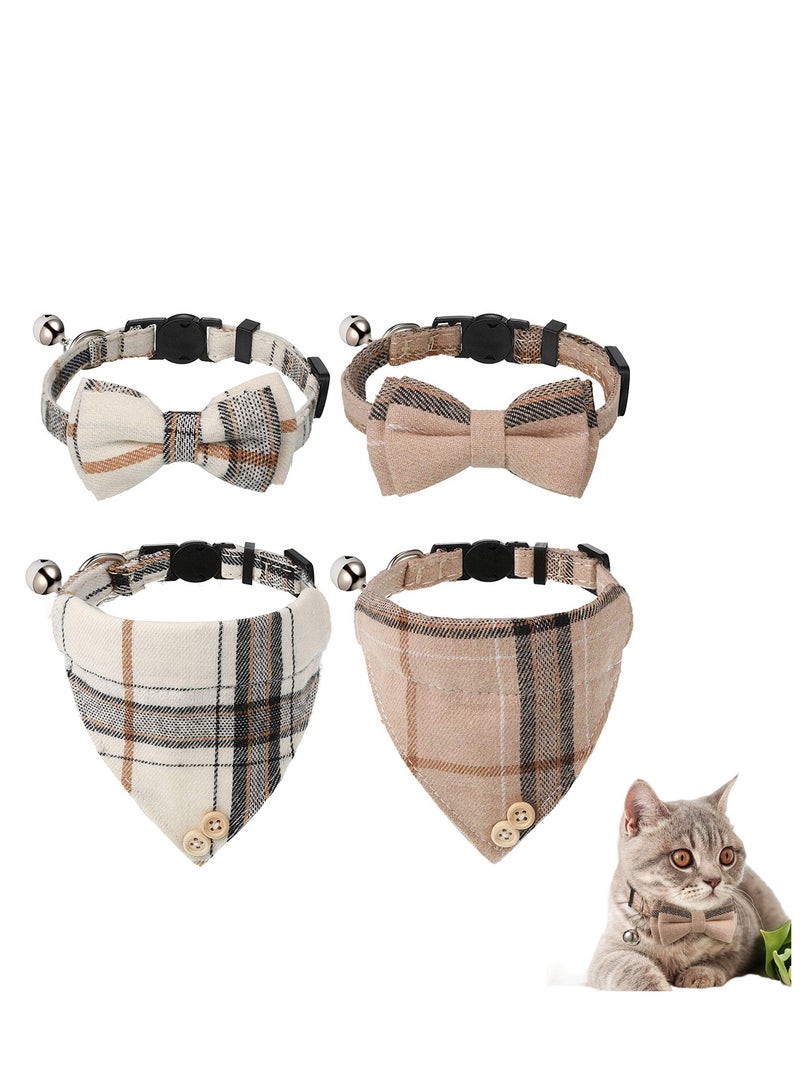Zikra 4 Pieces Bow Tie Cat Collar Bandana, Breakaway Pet Collar Bandana with Classic Plaid Adjustable Cat Collar with Scarf and Bowtie, Girl Boy Pet Kitten Collar Bandana with Bell for Cat Puppy Small Dog - Image 1
