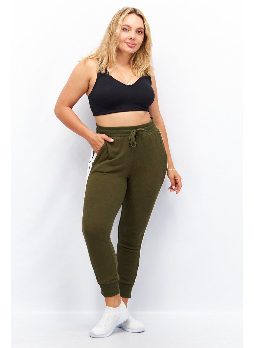 Aqua - Women Drawstring Pull On Stripe Sweatpants, Olive - Image 1