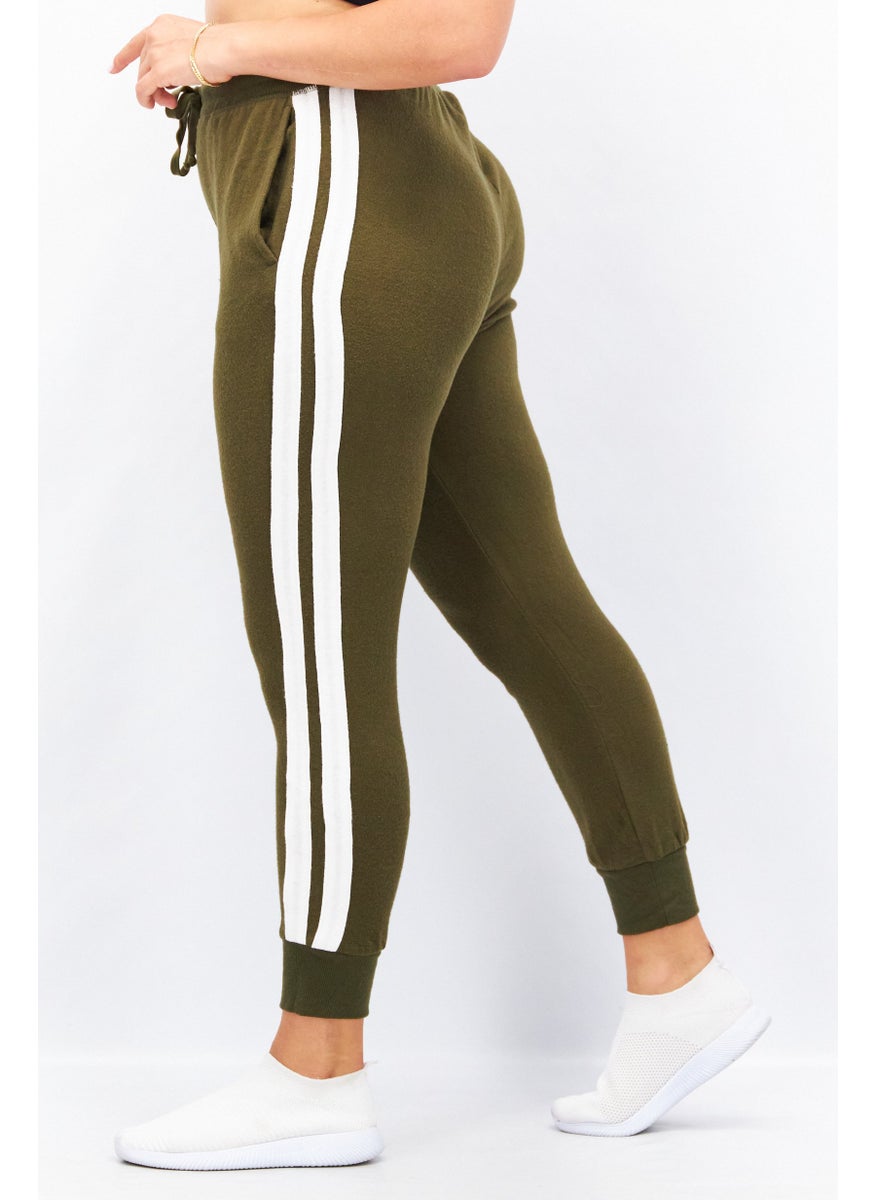 Aqua - Women Drawstring Pull On Stripe Sweatpants, Olive - Image 1