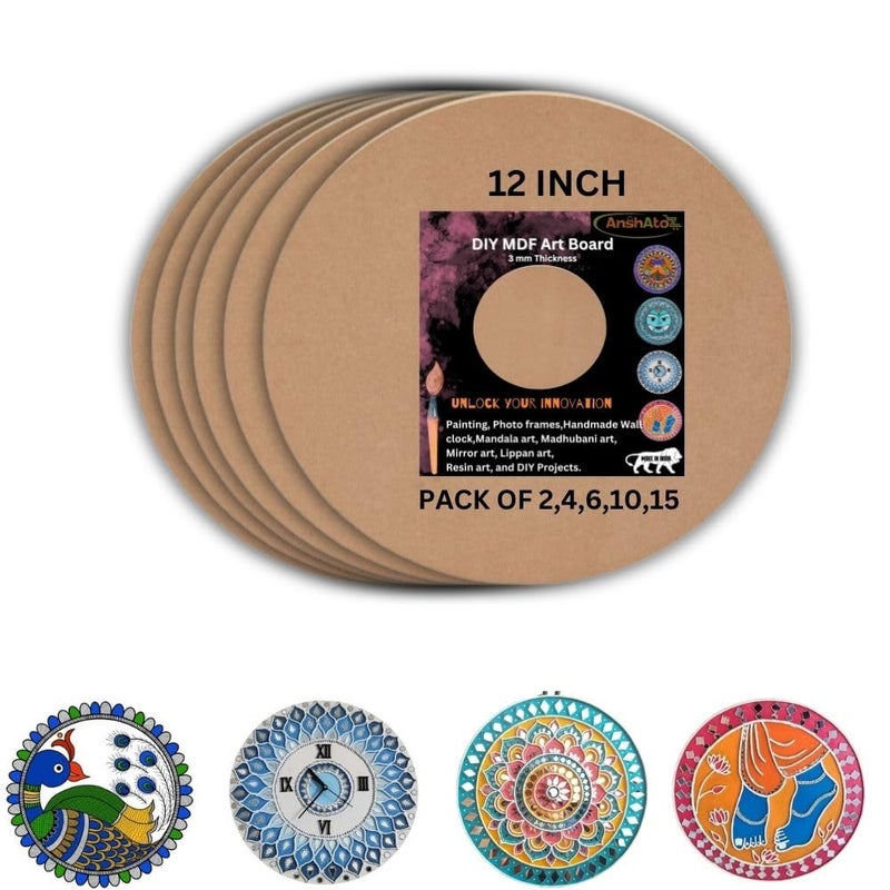 Anshatoz Round Wooden Canvas 12 inch MDF Art Board Sheet 3mm Used for Art, Craft, Painting, Mandala,Resin,Lippan Art, Decoration,Cake Base,Children Creativity DIY Set (Pack of 4) - Image 1