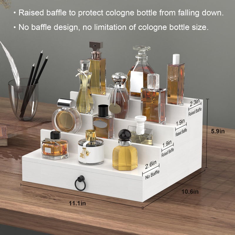 upcessory Cologne Organizer for Men, 4 Tier White Wood Perfume Organizer with Felt Lining Drawer and Hidden Compartment, Perfume Display Holder, A Gift for Men - Image 5