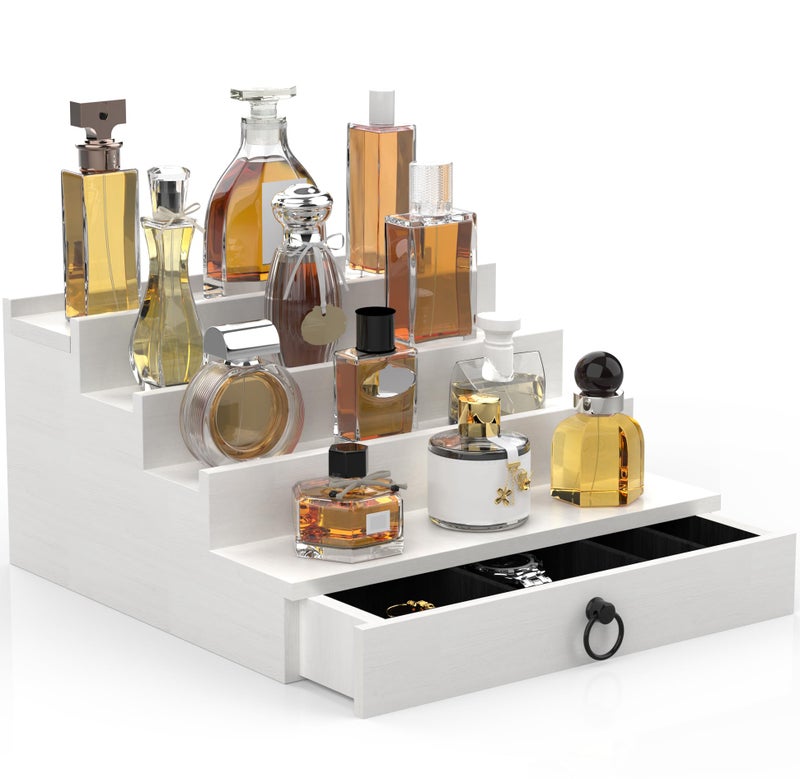 upcessory Cologne Organizer for Men, 4 Tier White Wood Perfume Organizer with Felt Lining Drawer and Hidden Compartment, Perfume Display Holder, A Gift for Men - Image 1
