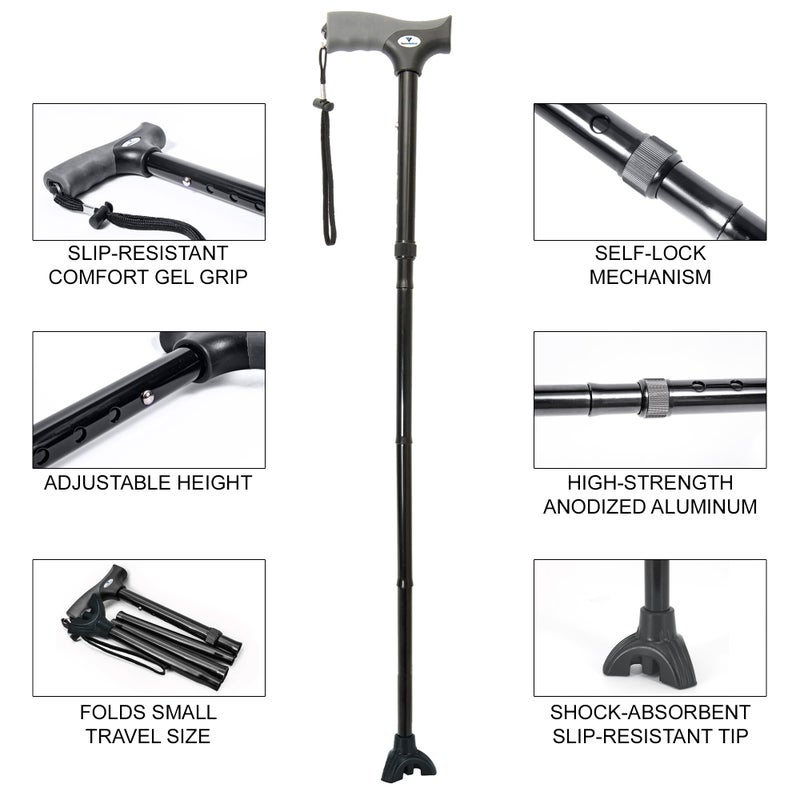 Vaunn Medical Easy Grip Height Adjustable Folding Cane/Walking Stick with Strap/Pouch- Compact, Portable, and Safe Walking Assistant- Non-Slip Grip Handle- Men, Women, Elderly - Image 5