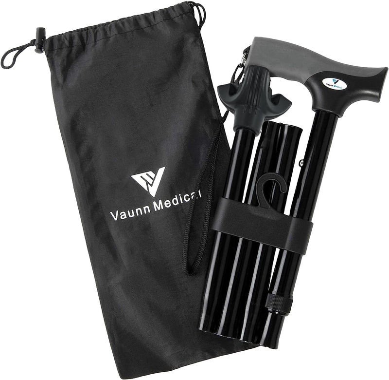 Vaunn Medical Easy Grip Height Adjustable Folding Cane/Walking Stick with Strap/Pouch- Compact, Portable, and Safe Walking Assistant- Non-Slip Grip Handle- Men, Women, Elderly - Image 1