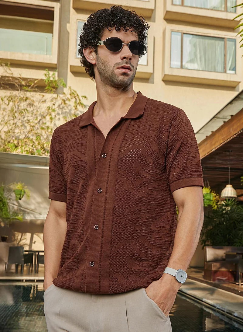 Campus Sutra Men's Russet Brown Fluid-Knit Polo Shirt For Casual Wear | Polo Neck | Short Cuffed Sleeves | Button Closure | Shirt Crafted With Comfort Fit For Everyday Wear