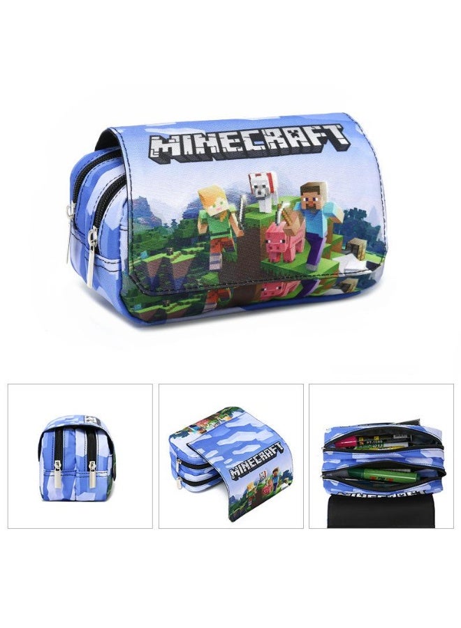 Minecraft Multifunctional Blue & White Pencil Case - Double Layer Large Capacity School Organizer, Gaming Stationery Box for Students - Image 1