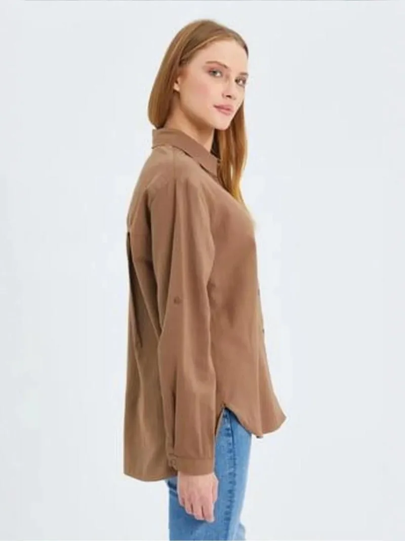 Mixray Beige Natural Mixray Long Sleeve Button-Up Shirt with Pocket for Women | Best Price UAE