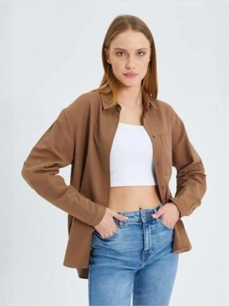 Mixray Beige Natural Mixray Long Sleeve Button-Up Shirt with Pocket for Women | Best Price UAE