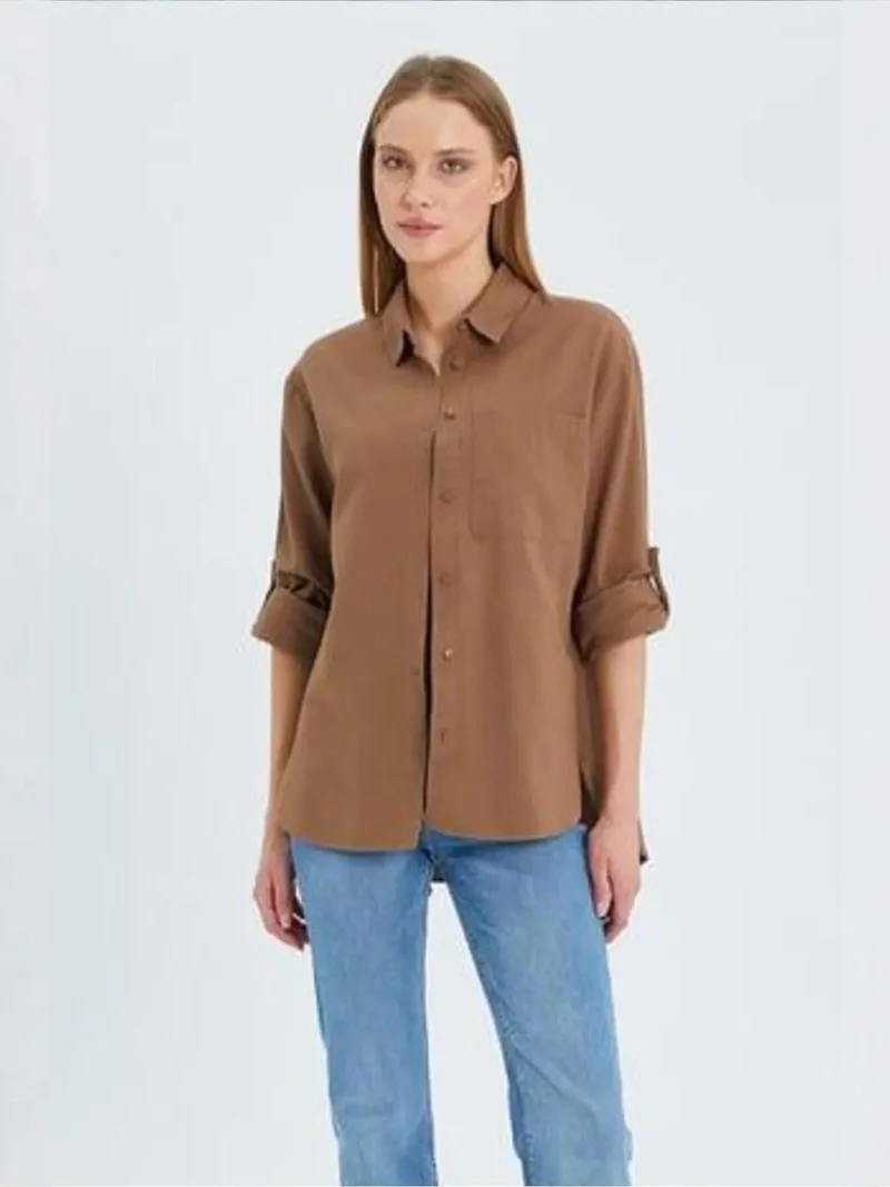 Mixray Beige Natural Mixray Long Sleeve Button-Up Shirt with Pocket for Women | Best Price UAE