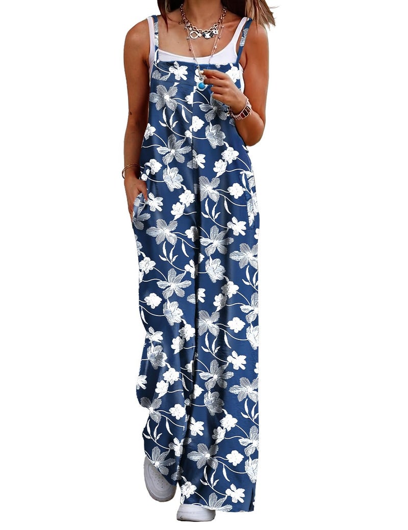 YESNO Women's Summer Boho Casual Jumpsuits Wide Leg Overalls Floral Print Baggy Rompers with Pockets L PZZCR 385 - Image 1