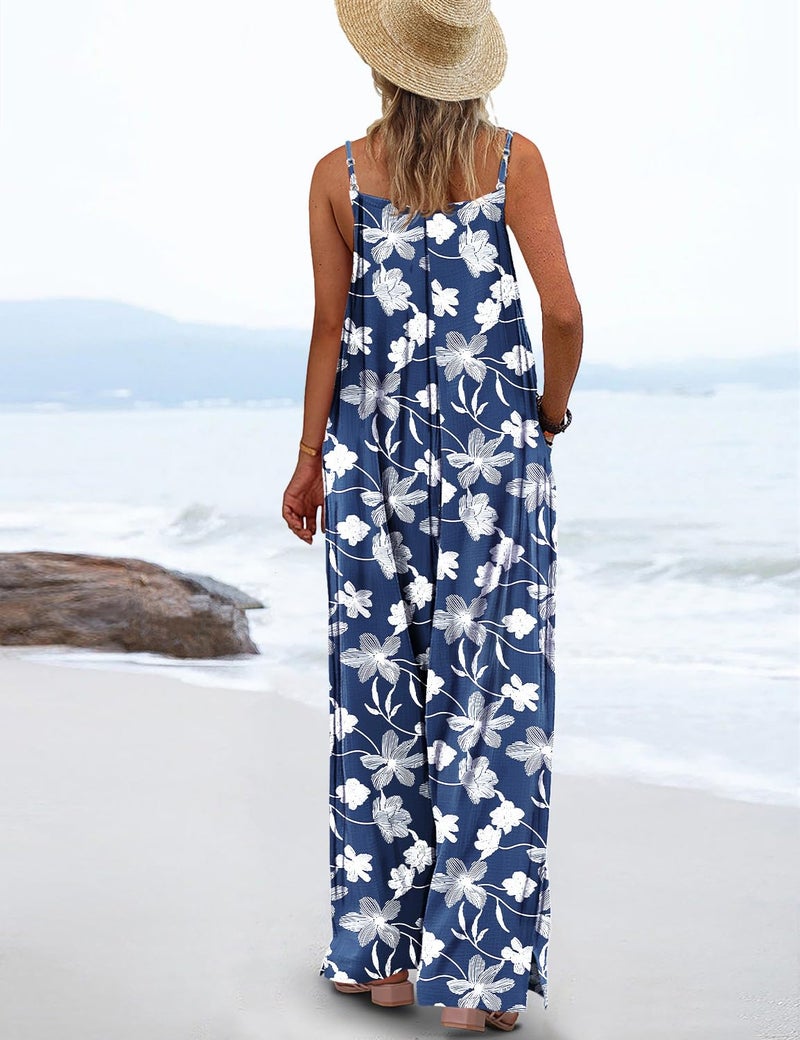 YESNO Women's Summer Boho Casual Jumpsuits Wide Leg Overalls Floral Print Baggy Rompers with Pockets L PZZCR 385 - Image 3