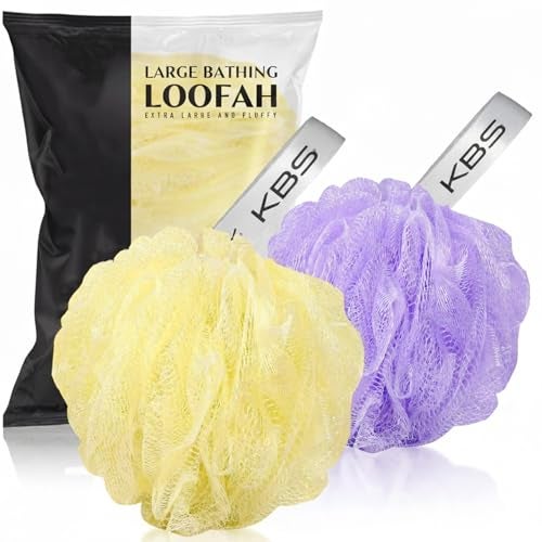 KBS Bath Sponge Round Loofah, Extra Large and Fluffy Mesh, 4.5 Inch, Yellow and Purple, 2 Pack with Large Bathing Loofah (MULTI-REGULAR, PACK OF 2) - Image 1