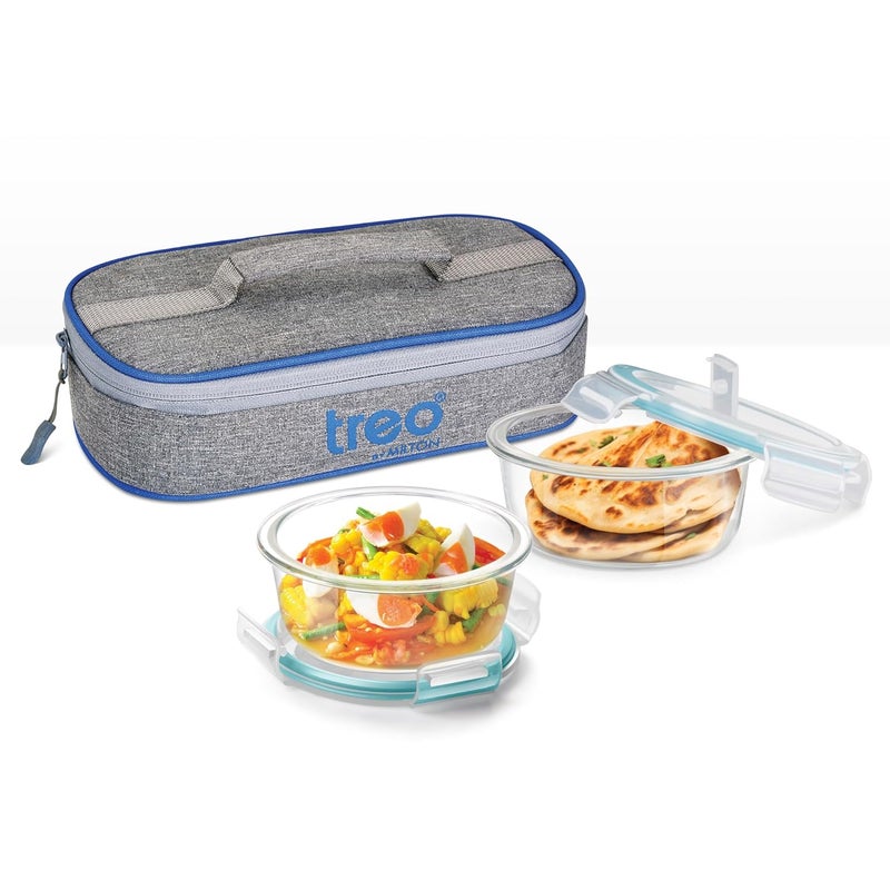 Treo by Milton All Fresh Round Glass Lunch Boxes Set of 2 400 ml Each with Lunch Bag Microwave Dishwasher Safe Leak Proof Containers Borosilicate Glass Office Tiffin Transparent - Image 1