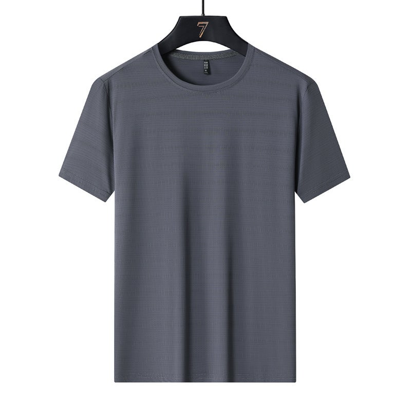 Style Ice Silk Mesh Elastic Breathable Hole Round Neck Large Size Couple Outdoor Short-Sleeved Breathable Elastic Solid Goods - Image 1