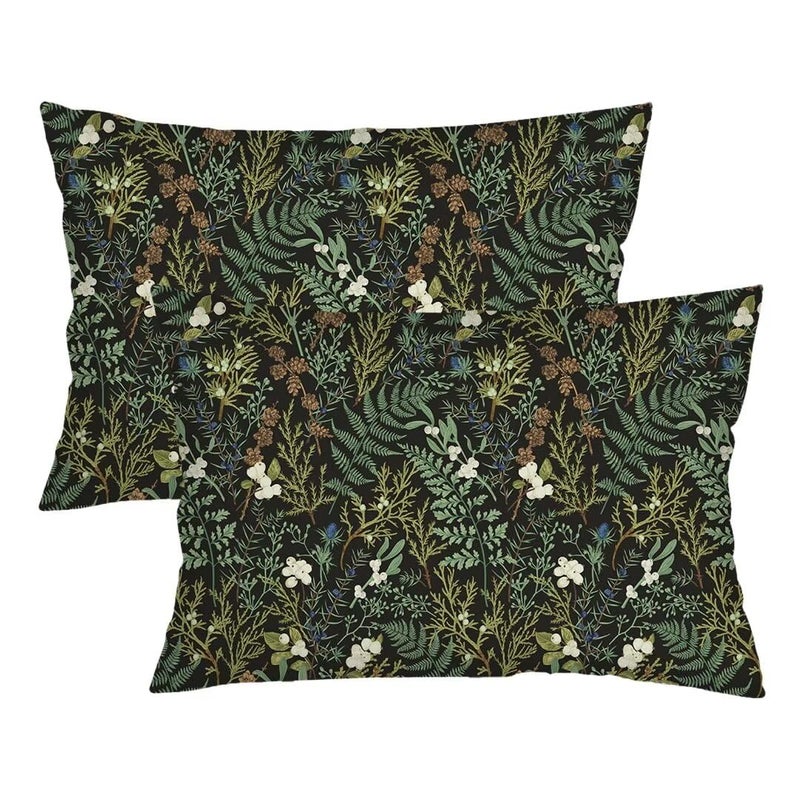AELMARNEE Green Plant Throw Pillow Cover Queen Size Set of 2 Black Green Botanical Leaf Pillowcases Vintage Floral Lumbar Pillow Case Standard Pillow Cases with Zipper Decorative Cushion Covers for Bed,20"x30" - Image 1